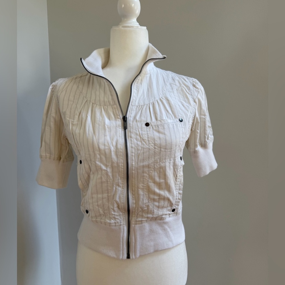 NWT Better Be white pin stripe Short-Sleeve Zip Bomber Jacket